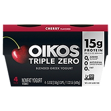 Oikos Triple Zero Cherry 15g Protein, No Sugar Added, Nonfat Greek Yogurt Pack, 4 Ct, 5.3 OZ Cups