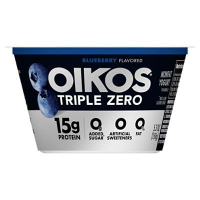 Oikos Triple Zero Blueberry 15g Protein, 0 Added Sugar, Nonfat Greek Yogurt, 5.3 ounce Cup
