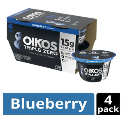 Oikos Triple Zero Blueberry 15g Protein, Sugar Free, Nonfat Greek Yogurt Pack, 4 Ct, 5.3 ounce Cups