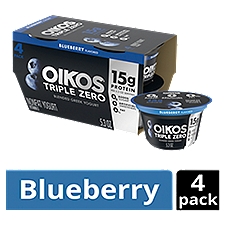 Oikos Triple Zero Blueberry 15g Protein, No Sugar Added, Nonfat Greek Yogurt Pack, 4 Ct, 5.3 OZ Cups