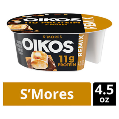 Oikos REMIX S'mores 11g Protein Vanilla Nonfat Greek Yogurt with Graham Cookies, Dark Chocolate and Toasted Marshmallow Bark Mix-Ins, 4.5 ounce Cup