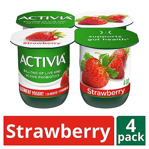 Activia Strawberry Lowfat Yogurt, 4 oz, 4 count
Brighten your daily routine with Activia Probiotic Strawberry Lowfat Yogurt. This creamy yogurt is full of fruity flavor, as well as billions of live and active probiotics. It's the delicious snack you and your gut have been waiting for. 

 *Enjoying Activia twice a day for two weeks as part of a balanced diet and healthy lifestyle may help reduce the frequency of minor digestive discomfort. Minor digestive discomfort includes bloating, gas, abdominal discomfort, and rumbling.
For the last 20 years, Activia has been helping support gut health research*. Every serving of Activia comes with four live and active cultures, plus Bifidus, our exclusive probiotic strain. With our wide and delicious selection of probiotic yogurts and smoothies, we make it easy to help support your gut as part of a healthy lifestyle.