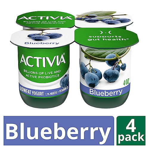 Activia Blueberry Lowfat Yogurt, 4 oz, 4 count
Brighten your daily routine with Activia Probiotic Blueberry Lowfat Yogurt. This creamy yogurt is full of fruity flavor, as well as billions of live and active probiotics. It's the delicious snack you and your gut have been waiting for. 

 *Enjoying Activia twice a day for two weeks as part of a balanced diet and healthy lifestyle may help reduce the frequency of minor digestive discomfort. Minor digestive discomfort includes bloating, gas, abdominal discomfort, and rumbling.
For the last 20 years, Activia has been helping support gut health research*. Every serving of Activia comes with four live and active cultures, plus Bifidus, our exclusive probiotic strain. With our wide and delicious selection of probiotic yogurts and smoothies, we make it easy to help support your gut as part of a healthy lifestyle.