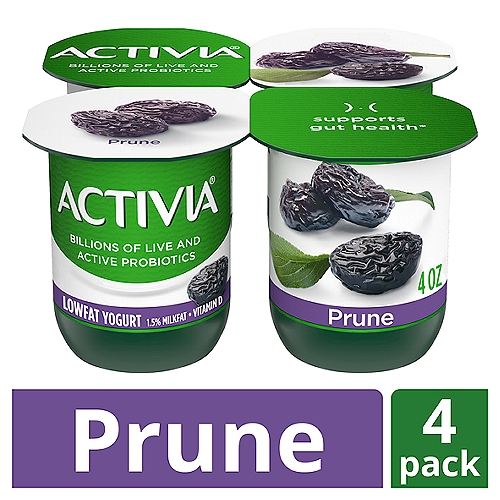 Activia Prune Lowfat Yogurt, 4 oz, 4 count
Brighten your daily routine with Activia Probiotic Prune Lowfat Yogurt. This creamy yogurt is full of fruity flavor, as well as billions of live and active probiotics. It's the delicious snack you and your gut have been waiting for. 

*Enjoying Activia twice a day for two weeks as part of a balanced diet and healthy lifestyle may help reduce the frequency of minor digestive discomfort. Minor digestive discomfort includes bloating, gas, abdominal discomfort, and rumbling.
For the last 20 years, Activia has been helping support gut health research*. Every serving of Activia comes with four live and active cultures, plus Bifidus, our exclusive probiotic strain. With our wide and delicious selection of probiotic yogurts and smoothies, we make it easy to help support your gut as part of a healthy lifestyle.