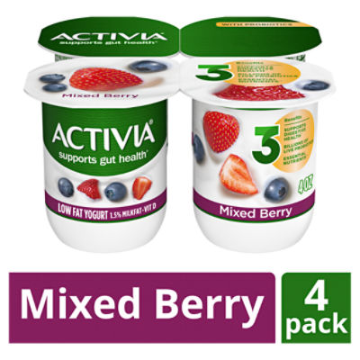 Activia Mixed Berry Probiotic Yogurt, Lowfat Yogurt Cups, 4 ounce, 4 CT, 16 Ounce