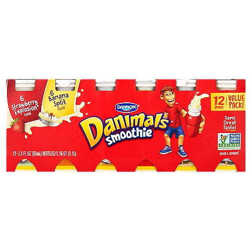 Send your kids off to school and their favorite activities with a Danimals Strawberry Explosion or Banana Split Smoothie. Deliciously creamy and full of delightful flavor, it's the gluten-free and nutritious snack your kids will be looking forward to all day. Every tasty slurp will put smiles on their faces, while providing a nutritious snack with calcium and vitamin D. Packaged in a convenient, compact bottle, our smoothies are great for on-the-go enjoyment.nAt Danimals, we believe that childhood is one of life's greatest adventures and that giving your kids nutritious foods they love should be easy. That's why we make our fun, nutritious snacks with ingredients parents can trust--so you can rest assured knowing that between us, they're in good hands. From our flavorful yogurts to our sippable smoothies, every Danimals product free of high-fructose corn syrup and made with no colors or flavors from artificial sources. We stand behind our promise, and that's what makes Danimals the #1 kids' brand in the dairy aisle.