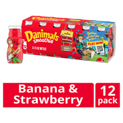 Danimals Smoothie Strawberry Explosion and Banana Split Dairy Drink Multi-Pack, 12 Ct, 3.1 ounce Smoothie Bottles