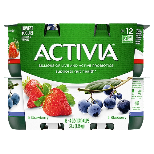 Brighten your daily routine with Activia Probiotic Strawberry & Blueberry Lowfat Yogurt. This creamy yogurt is full of fruity flavor, as well as billions of live and active probiotics. It's the delicious snack you and your gut have been waiting for. nn *Enjoying Activia twice a day for two weeks as part of a balanced diet and healthy lifestyle may help reduce the frequency of minor digestive discomfort. Minor digestive discomfort includes bloating, gas, abdominal discomfort, and rumbling.nFor the last 20 years, Activia has been helping support gut health research*. Every serving of Activia comes with four live and active cultures, plus Bifidus, our exclusive probiotic strain. With our wide and delicious selection of probiotic yogurts and smoothies, we make it easy to help support your gut as part of a healthy lifestyle.