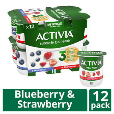 Activia Strawberry and Blueberry Probiotic Yogurt, Lowfat Yogurt Cups, 4 ounce, 12 CT