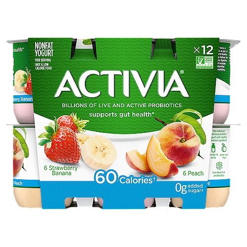 Activia Strawberry Banana and Peach Nonfat Yogurt, 4 oz, 12 count
Supports gut health*
*Enjoying Activia® twice a day for two weeks as part of a balanced diet and healthy lifestyle may help reduce the frequency of minor digestive discomfort, which includes gas, bloating, abdominal discomfort, and rumbling.

60 calories†
†Per serving