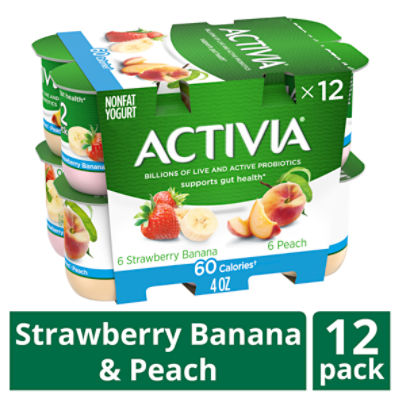 Activia 50 Calorie Strawberry Banana & Peach Probiotic Yogurt, Nonfat Yogurt Cups, Variety Pack, 4 oz, 12 Ct