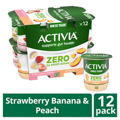 Activia 50 Calories Strawberry Banana & Peach Probiotic Yogurt, Nonfat Yogurt Cups, Variety Pack, 4 oz, 12 Ct, 48 Ounce