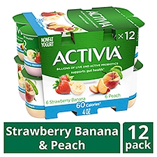 Activia 50 Calories Strawberry Banana & Peach Probiotic Yogurt, Nonfat Yogurt Cups, Variety Pack, 4 oz, 12 Ct, 48 Ounce