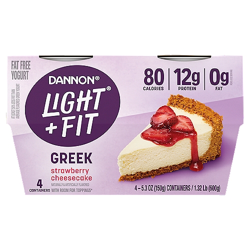 Dannon Light + Fit Strawberry Cheesecake Greek Nonfat Yogurt Pack, 4 Ct, 5.3 ounce Cups