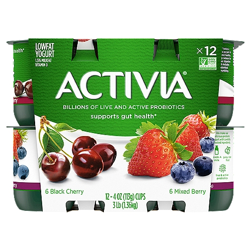 Activia Black Cherry and Mixed Berry Lowfat Yogurt, 4 oz, 12 count
Brighten your daily routine with Activia Probiotic Black Cherry & Mixed Berry Lowfat Yogurt. This creamy yogurt is full of fruity flavor, as well as billions of live and active probiotics. It's the delicious snack you and your gut have been waiting for. 

*Enjoying Activia twice a day for two weeks as part of a balanced diet and healthy lifestyle may help reduce the frequency of minor digestive discomfort. Minor digestive discomfort includes bloating, gas, abdominal discomfort, and rumbling.
For the last 20 years, Activia has been helping support gut health research*. Every serving of Activia comes with four live and active cultures, plus Bifidus, our exclusive probiotic strain. With our wide and delicious selection of probiotic yogurts and smoothies, we make it easy to help support your gut as part of a healthy lifestyle.