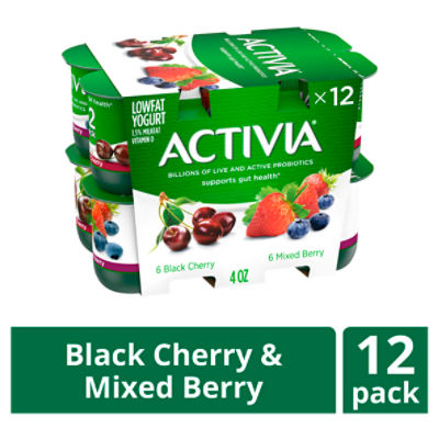 Activia Black Cherry and Mixed Berry Probiotic Yogurt, Lowfat Yogurt Cups, 4 ounce, 12 CT