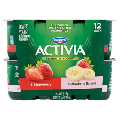 Activia 60 Calories Strawberry Banana & Peach Nonfat Probiotic Yogurt Cups,  4 oz, 12 Count