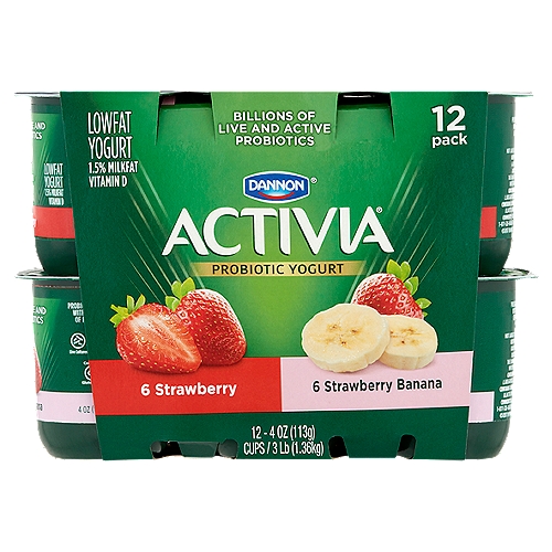 Dannon Activia Strawberry and Strawberry Banana Lowfat Yogurt, 4 oz, 12 count
Probiotic Yogurt

Contains Live Cultures:
L.Bulgaricus and S.Thermophilus
Contains Live and Active Probiotic:
B.Lactis DN 173-010/CNCM I-2494