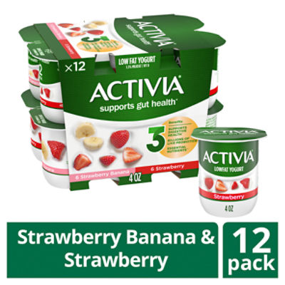 Activia Strawberry and Strawberry Banana Probiotic Yogurt, Lowfat Yogurt Cups, 4 ounce, 12 CT, 48 Ounce