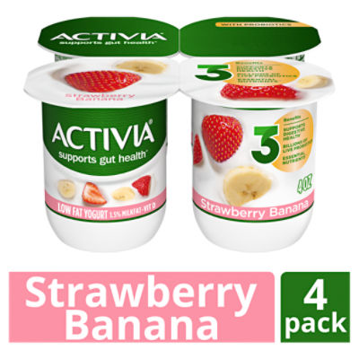 Activia Strawberry Banana Probiotic Yogurt, Lowfat Yogurt Cups, 4 ounce, 4 CT, 16 Ounce