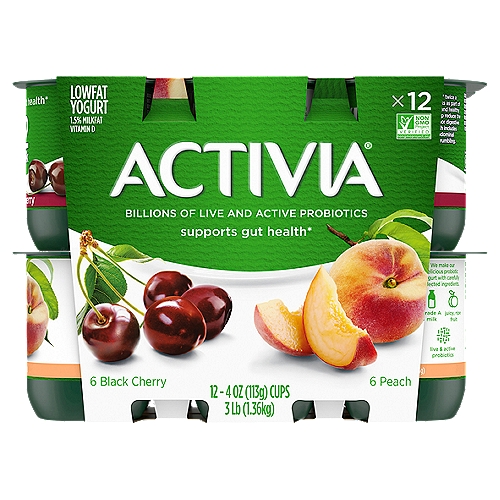 Activia Black Cherry and Peach Lowfat Yogurt, 4 oz, 12 count
Brighten your daily routine with Activia Probiotic Peach & Black Cherry Lowfat Yogurt. This creamy yogurt is full of fruity flavor, as well as billions of live and active probiotics. It's the delicious snack you and your gut have been waiting for. 

 *Enjoying Activia twice a day for two weeks as part of a balanced diet and healthy lifestyle may help reduce the frequency of minor digestive discomfort. Minor digestive discomfort includes bloating, gas, abdominal discomfort, and rumbling.
For the last 20 years, Activia has been helping support gut health research*. Every serving of Activia comes with four live and active cultures, plus Bifidus, our exclusive probiotic strain. With our wide and delicious selection of probiotic yogurts and smoothies, we make it easy to help support your gut as part of a healthy lifestyle.