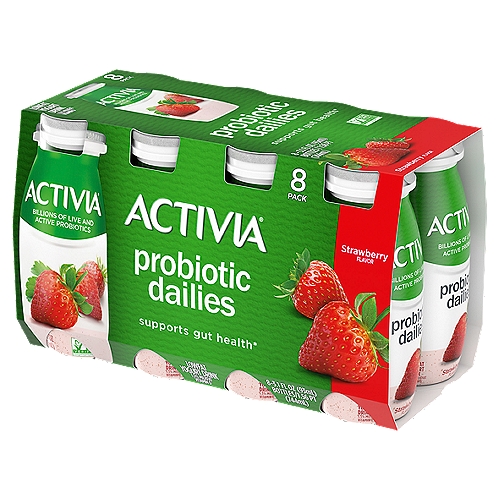 For the last 20 years, Activia has been helping support gut health research*. Every serving of Activia comes with four live and active cultures, plus Bifidus, our exclusive probiotic strain. With our wide and delicious selection of probiotic yogurts and smoothies, we make it easy to help support your gut as part of a healthy lifestyle.nnGet your daily probiotic the easy way, with Activia Probiotic Strawberry Dailies Lowfat Yogurt Drink. This smooth and refreshing yogurt drink is packed with billions of Activia's live and active probiotics. It comes conveniently packaged in single-serve bottles, so it fits right into a healthy lifestyle as an irresistible treat for both your taste buds and your gut. nn*Enjoying Activia twice a day for two weeks as part of a balanced diet and healthy lifestyle may help reduce the frequency of minor digestive discomfort. Minor digestive discomfort includes bloating, gas, abdominal discomfort, and rumbling.