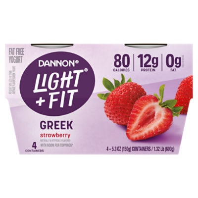 Dannon Light + Fit Strawberry Greek Nonfat Yogurt Pack, 4 Ct, 5.3 ounce Cups, 1.32 Pound