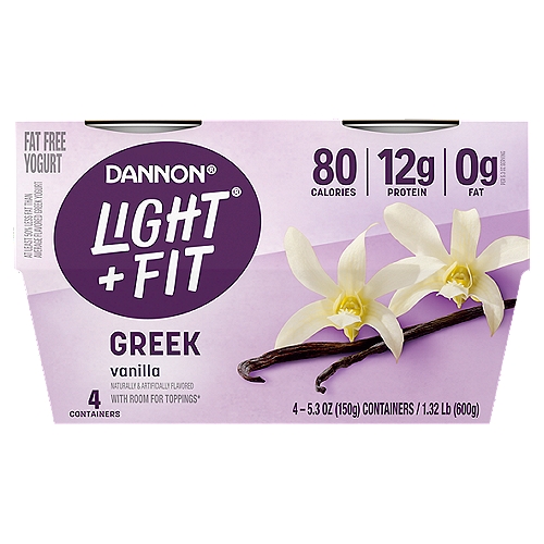 Dannon Light + Fit Greek Vanilla Nonfat Yogurt, 5.3 oz, 4 count
Give your taste buds a reason to rejoice with Dannon Light + Fit Vanilla Greek Nonfat Yogurt. Our Greek nonfat yogurt comes in single-serve cups, so you can live your life uninterrupted and enjoy them on the go. And with 80 calories and 12g of protein per 5.3 oz serving, it's a delicious, convenient option that helps you stick to a healthy routine. Packaging May Vary. 
At Light + Fit, we believe that healthy living feels lighter when defined by what's right for you. We commit to opening the door to a world of health where you are free to be who you are. With our wide selection of yogurts and protein smoothies, we make it easier to define healthy living with joyfully, fulfilling foods and experiences that are in tune with your unique body needs. Light + Fit nonfat yogurt and nonfat yogurt drinks are not only delicious, but also fit nicely into your wellness routine. Add Some Light to your day with Light + Fit!