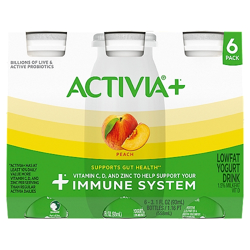 Activia+ Probiotic Low Fat Yogurt Drink, Peach, 3.1oz. Bottles, 6 Count