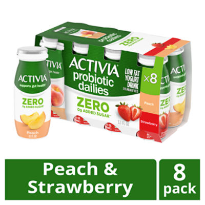 Activia Zero 0g Added Sugar* Peach and Strawberry Probiotic Dailies, Lowfat Probiotic Yogurt Drinks, 3.1 FL ounce, 8 Ct, 24.8 Fluid ounce