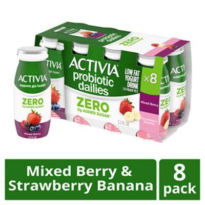 Activia Zero 0g Added Sugar* Mixed Berry and Strawberry Banana Probiotic Dailies, Lowfat Probiotic Yogurt Drinks, 3.1 FL ounce, 8 Ct, 24.8 Fluid ounce