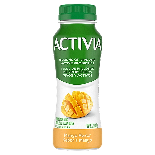 Activia Mango Flavor Lowfat Yogurt Drink, 7 fl oz
Contains Live Cultures L. Bulgaricus (2), L. Lactis, S. Thermophilus
Contains Live and Active Probiotic B. Lactis DN 173-010/CNCM I-2494

Supports gut health*
*Enjoying Activia® twice a day for two weeks as part of a balanced diet and healthy lifestyle may help reduce the frequency of minor digestive discomfort, which includes gas, bloating, abdominal discomfort, and rumbling.