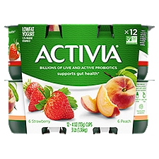 Activia Strawberry and Peach Lowfat Yogurt, 4 oz, 12 count, 48 Ounce