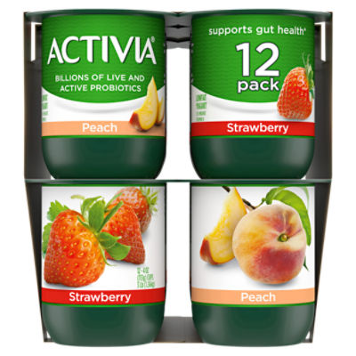 Activia Peach and Strawberry Probiotic Yogurt, Lowfat Yogurt Cups, 4 oz, 12  Count