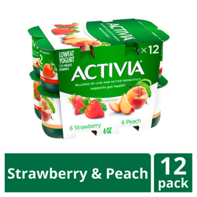 Activia Peach and Strawberry Probiotic Yogurt, Lowfat Yogurt Cups, 4 ounce, 12 CT, 48 Ounce