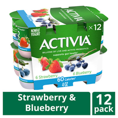 Activia 50 Calorie Strawberry & Blueberry Probiotic Yogurt, Nonfat Yogurt Cups, Variety Pack, 4 oz, 12 Ct, 48 Ounce