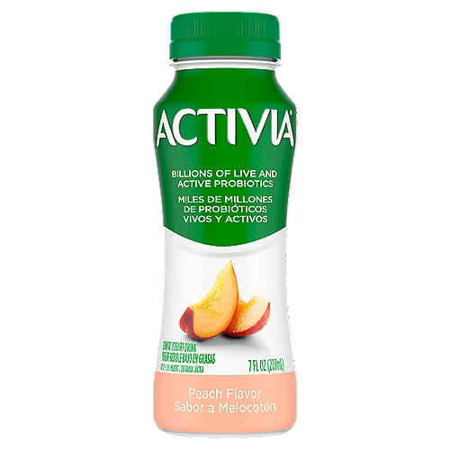 Activia Peach Flavor Lowfat Yogurt Drink, 7 fl oz
Contains Live Cultures: L. Bulgaricus (2), L. Lactis, S. Thermophilus
Contains Live and Active Probiotic B. Lactis DN 173-010/CNCM 1-2494

Supports gut health*
*Enjoying Activia® twice a day for two weeks as part of a balanced diet and healthy lifestyle may help reduce the frequency of minor digestive discomfort, which includes gas, bloating, abdominal discomfort, and rumbling.
