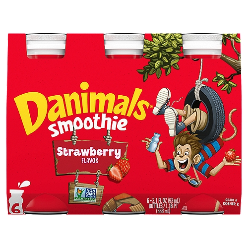 Dannon Danimals Strawberry Explosion Flavor Smoothie, 3.1 fl oz, 6 count
Contains no juice*
*Danimals drinks have no juice added for flavor, but do have fruit and vegetable juice added for color.

Contains active yogurt cultures: S. Thermophilus & L. Bulgaricus