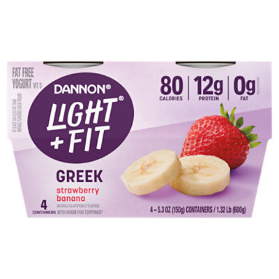 Dannon Light + Fit Strawberry Banana Greek Nonfat Yogurt Pack, 4 Ct, 5.3 ounce Cups