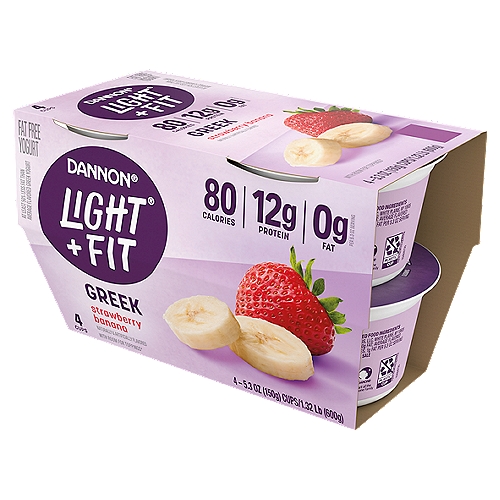 Dannon Light + Fit Greek Strawberry Banana Fat Free Yogurt, 5.3 oz, 4 count
Give your taste buds a reason to rejoice with Dannon Light + Fit Strawberry Banana Greek yogurt. Our Greek nonfat yogurt comes in single-serve cups, so you can live your life uninterrupted and enjoy them on the go. And with 80 calories and 12g of protein per 5.3 oz serving, it's a delicious, convenient option that helps you stick to a healthy routine.
At Light + Fit, we believe that healthy living feels lighter when defined by what's right for you. We commit to opening the door to a world of health where you are free to be who you are. With our wide selection of yogurts and protein smoothies, we make it easier to define healthy living with joyfully, fulfilling foods and experiences that are in tune with your unique body needs. Light + Fit nonfat yogurt and nonfat yogurt drinks are not only delicious, but also fit nicely into your wellness routine. Add Some Light to your day with Light + Fit!