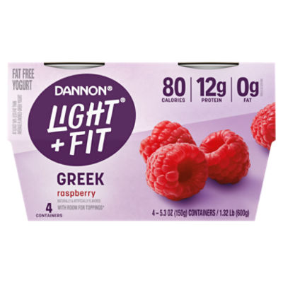 Dannon Light + Fit Raspberry Greek Nonfat Yogurt Pack, 4 Ct, 5.3 ounce Cups