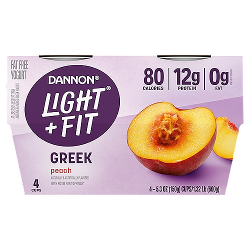 Dannon Light + Fit Greek Peach Nonfat Yogurt, 5.3 oz, 4 count
Give your taste buds a reason to rejoice with Dannon Light + Fit Peach Greek Nonfat Yogurt. Our Greek nonfat yogurt comes in single-serve cups, so you can live your life uninterrupted and enjoy them on the go. And with 80 calories and 12g of protein per 5.3 oz serving, it's a delicious, convenient option that helps you stick to a healthy routine.
At Light + Fit, we believe that healthy living feels lighter when defined by what's right for you. We commit to opening the door to a world of health where you are free to be who you are. With our wide selection of yogurts and protein smoothies, we make it easier to define healthy living with joyfully, fulfilling foods and experiences that are in tune with your unique body needs. Light + Fit nonfat yogurt and nonfat yogurt drinks are not only delicious, but also fit nicely into your wellness routine. Add Some Light to your day with Light + Fit!