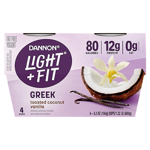 Dannon Light + Fit Greek Toasted Coconut Vanilla Nonfat Yogurt, 5.3 oz, 4 count
Give your taste buds a reason to rejoice with Dannon Light + Fit Toasted Coconut Vanilla Greek Nonfat Yogurt. Our Greek nonfat yogurt comes in single-serve cups, so you can live your life uninterrupted and enjoy them on the go. And with 80 calories and 12g of protein per 5.3 oz serving, it's a delicious, convenient option that helps you stick to a healthy routine.
At Light + Fit, we believe that healthy living feels lighter when defined by what's right for you. We commit to opening the door to a world of health where you are free to be who you are. With our wide selection of yogurts and protein smoothies, we make it easier to define healthy living with joyfully, fulfilling foods and experiences that are in tune with your unique body needs. Light + Fit nonfat yogurt and nonfat yogurt drinks are not only delicious, but also fit nicely into your wellness routine. Add Some Light to your day with Light + Fit!