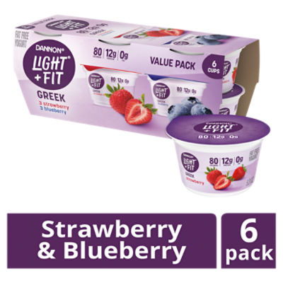 Dannon Light + Fit Strawberry and Blueberry Greek Nonfat Yogurt Pack, 6 Ct, 5.3 ounce Cups, 31.8 Ounce