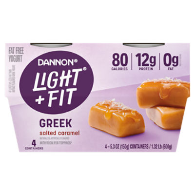 Dannon Light + Fit Salted Caramel Greek Nonfat Yogurt Pack, 4 Ct, 5.3 ounce Cups, 21.2 Ounce