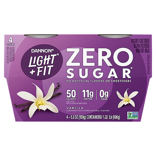 Dannon Light + Fit Zero Sugar Vanilla Yogurt, 5.3 oz, 4 count