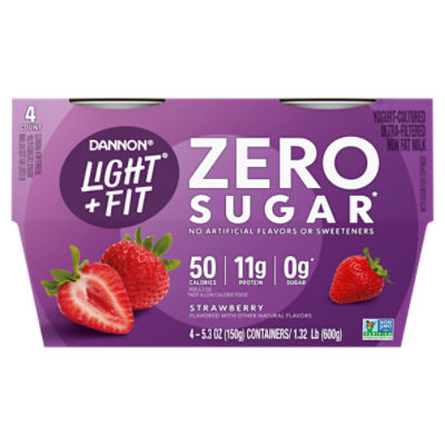 Dannon Light + Fit Zero Sugar* Strawberry Yogurt-Cultured Ultra-Filtered Non Fat Milk, 4 Ct, 5.3 ounce Snack Cups