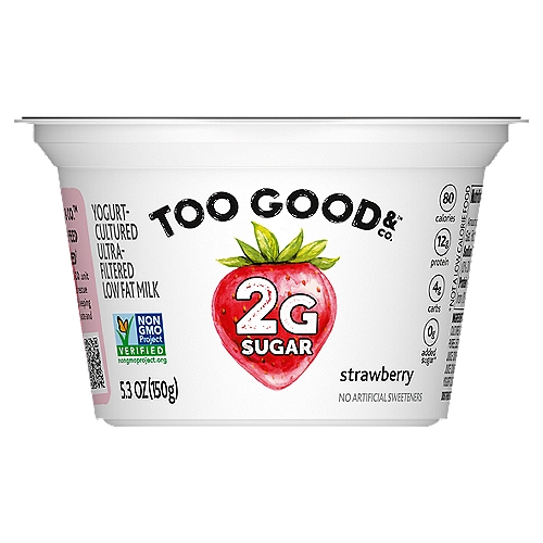 Brighten your day with a cup of Two Good Strawberry Greek Lowfat Yogurt. It's a smooth, creamy yogurt packed with strawberry flavor. Every 5.3 oz serving is an irresistible delight with 80 calories, 2g of total sugar, and 12g of protein. Even better, it's conveniently packaged in single-serve cups for easy, on-the-go enjoyment. nn*Two Good has 80% less sugar (2g per 5.3 oz) than average Greek yogurt (10g per 5.3 oz)n**Not a medical food.nTwo Good is many things, but it's not two good to be true. Our deliciously creamy Greek yogurt is made with a patent-pending, slow-straining process that leaves it with 80% less sugar than average Greek yogurts.* As a part of the B Corp community, we're committed to doing more with less and creating products that are both good for your taste buds and good for the planet. Doing good is about to become a whole lot more delicious.