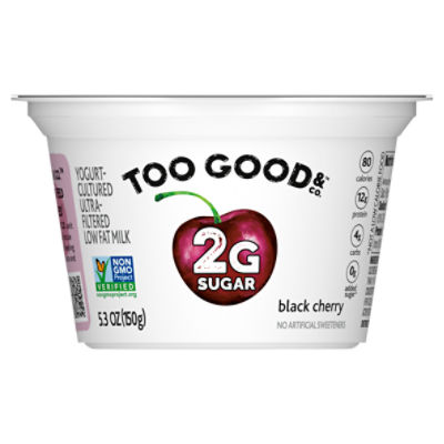 Too Good & Co. Cherry Flavored Lower Sugar, Low Fat Greek Yogurt Cultured Product 5.3 ounce Cup