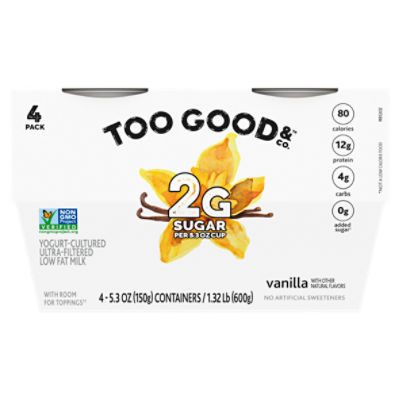 Too Good & Co. Vanilla Flavored Lower Sugar, Low Fat Greek Yogurt Cultured Product, 4 Count, 5.3 ounce Cups